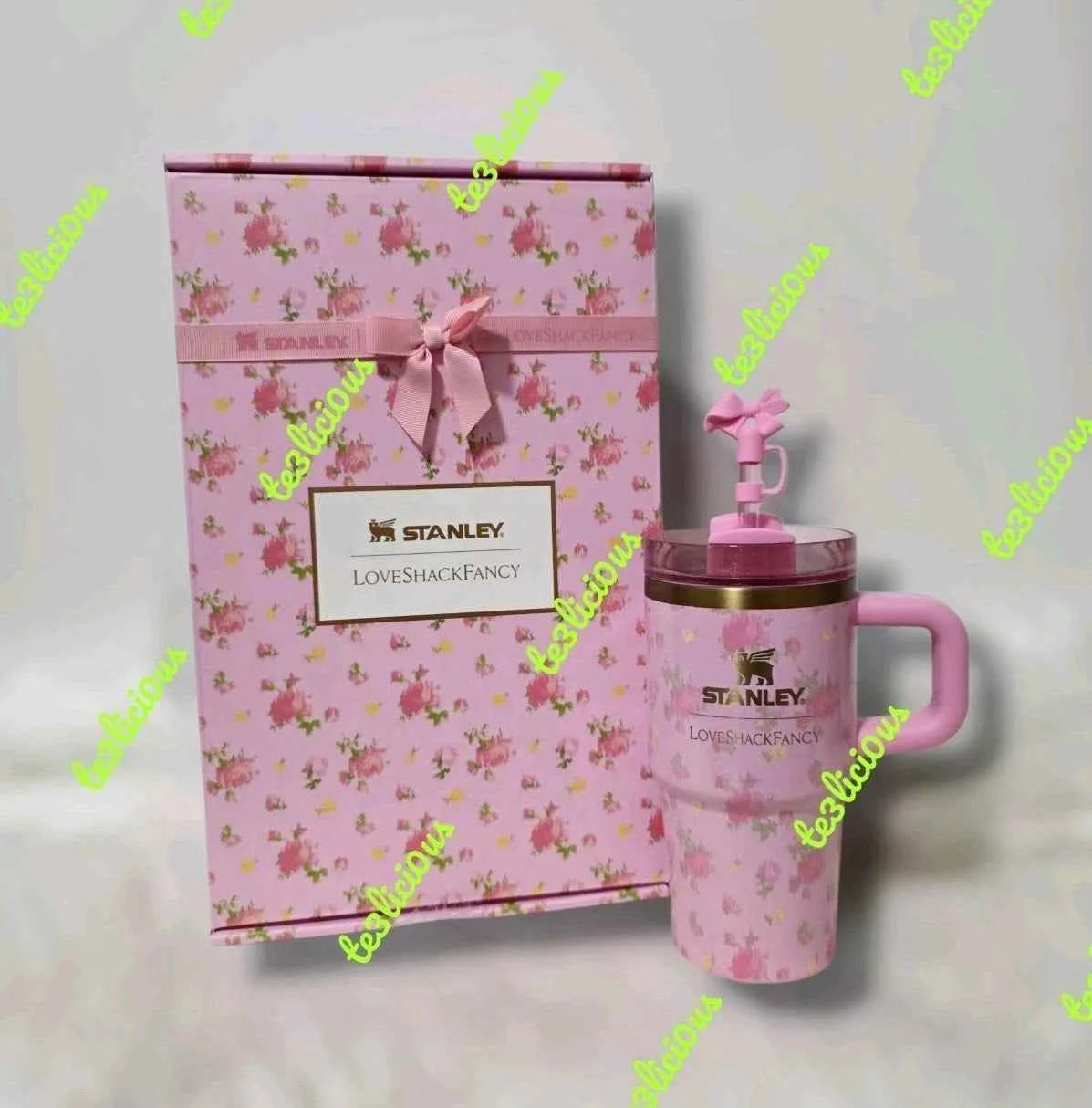 Stanley x LoveShackFancy Quencher H2.0 40 oz Tumbler – Pink Floral Insulated Stainless Steel Cup with Gift Box