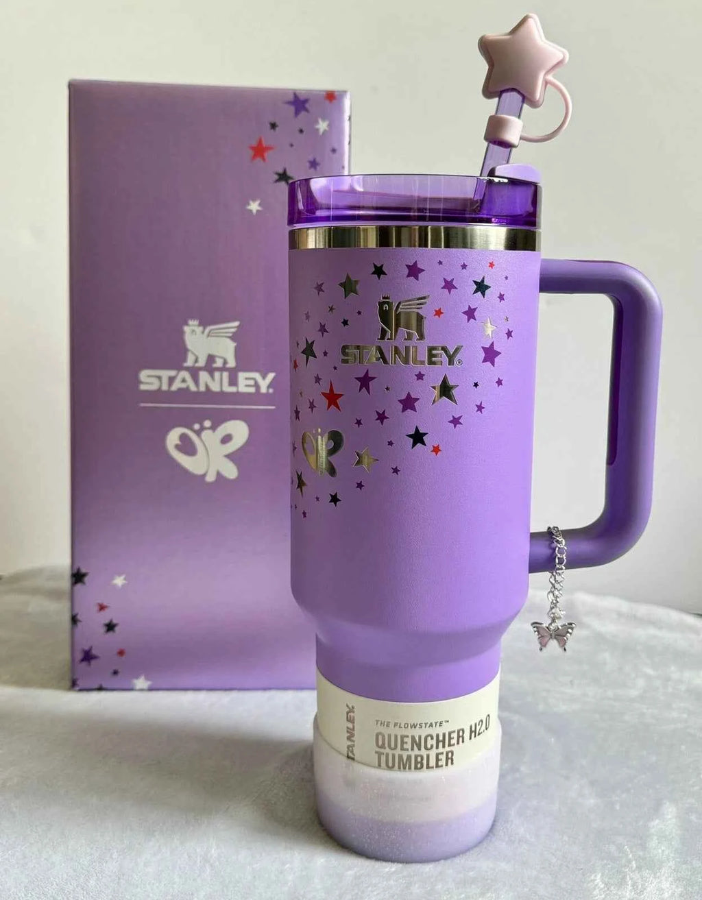 Stanley Quencher H2.0 FlowState Tumbler 40 oz Purple Star Edition with Butterfly Charm & Straw Topper